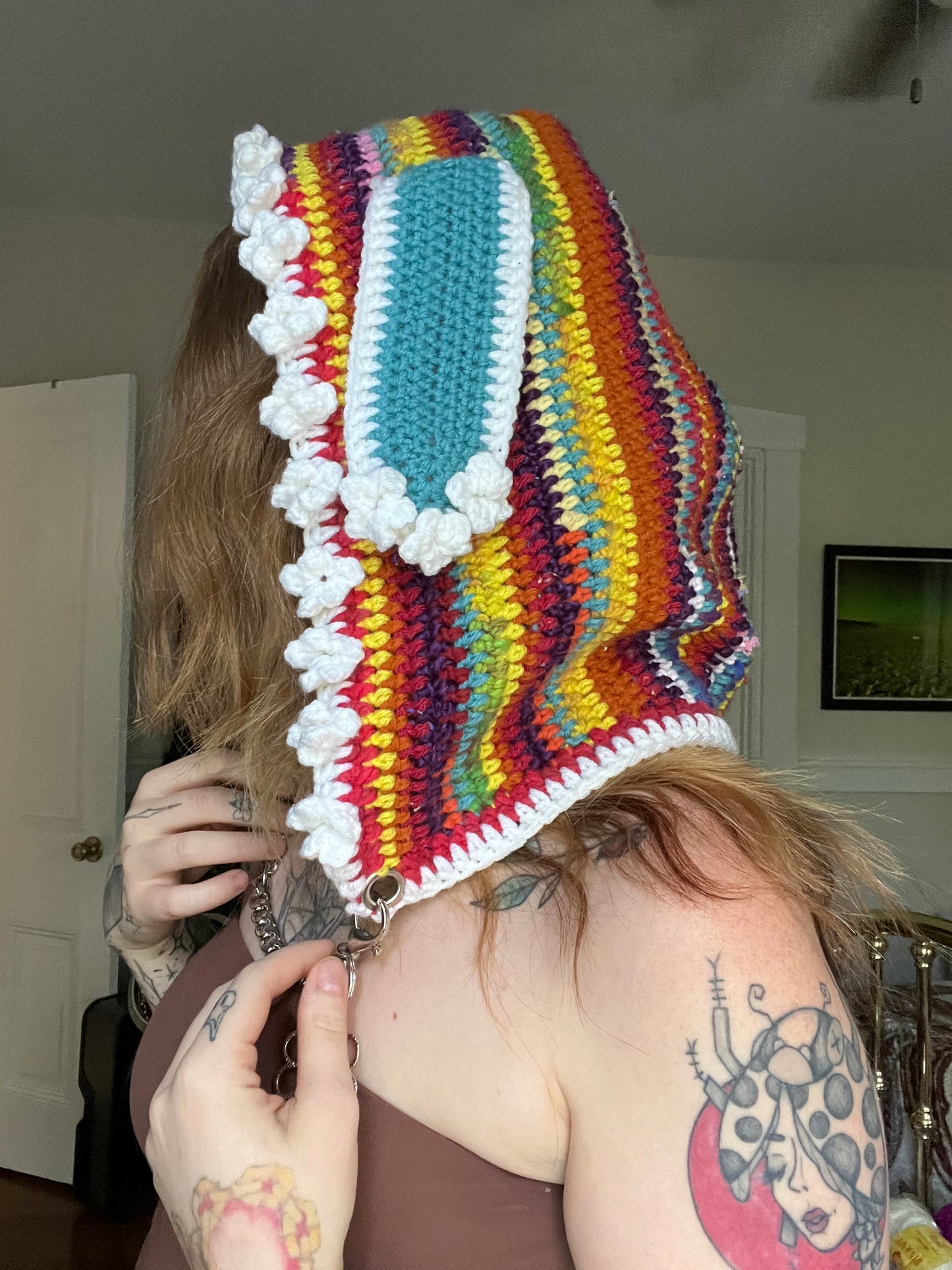 Rainbow daisy bunny hood