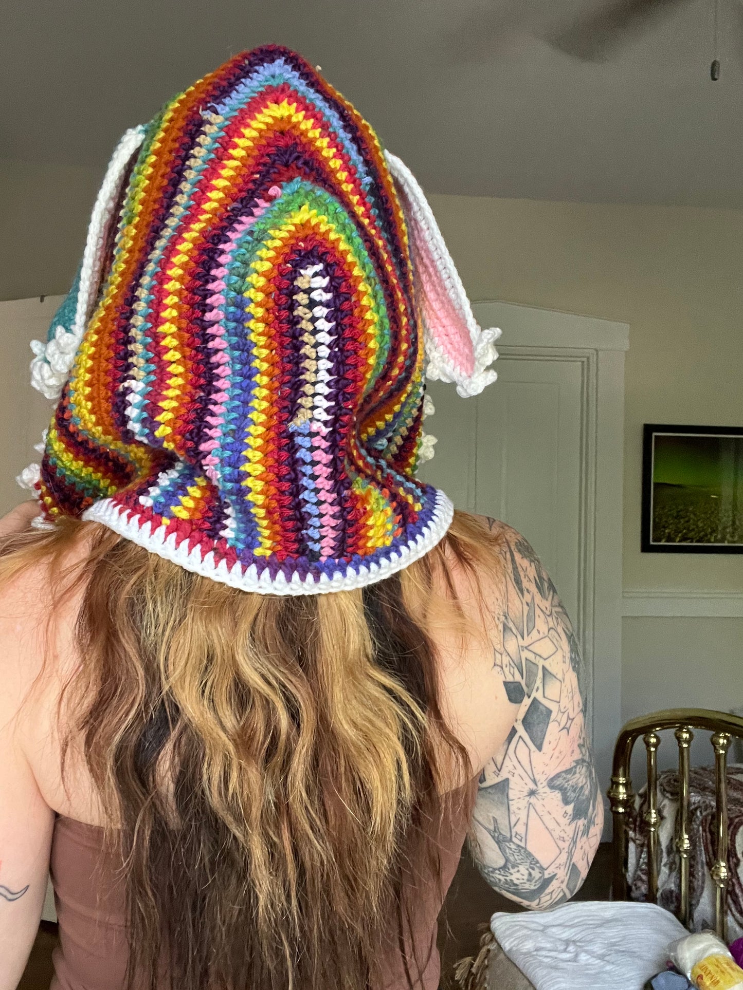 Rainbow daisy bunny hood