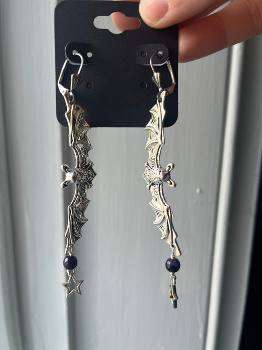 Amethyst bat earrings